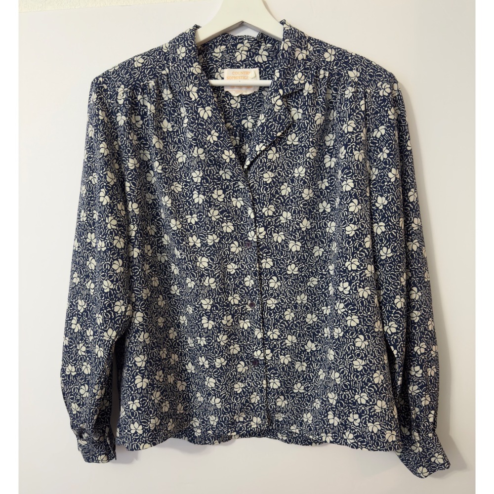 Vintage Country Sophisticates Pendleton Blouse Womens 16 Navy Blue Good Floral